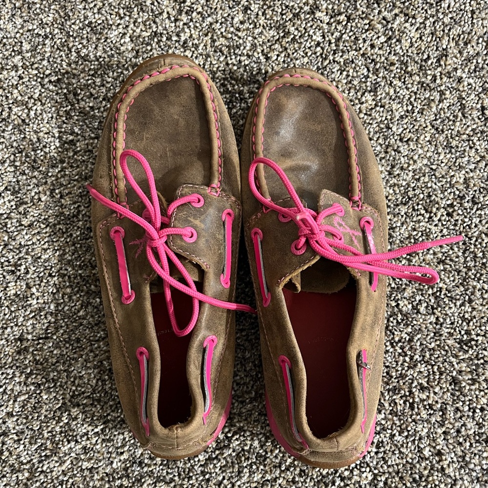 Twisted X Brown Suede Moccasins with Pink Accents